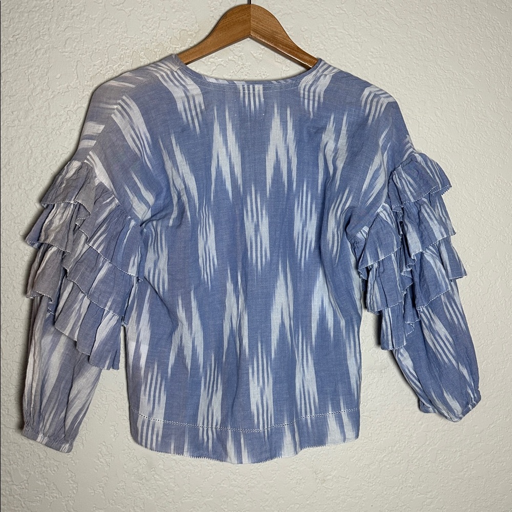 SAYLOR Blue Ikat Ruffle Blouse Cotton Summer Vacation Resortwear Tassels Medium - Picture 7 of 8